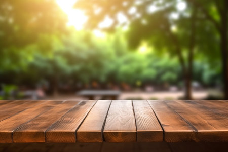 Empty wooden table for product display montages with blurred trees background.の素材