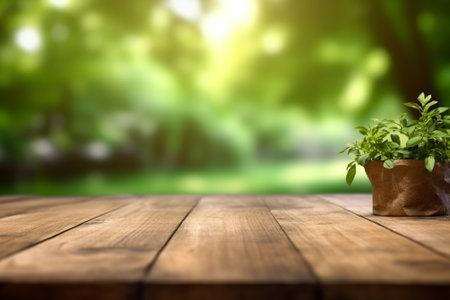Plant in pot on wooden table with nature bokeh backgroundの素材