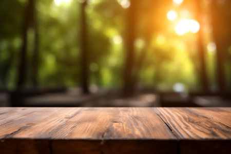 Wooden table top on blur green forest bokeh background.の素材