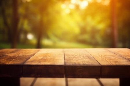 Empty wooden table for product display montage with bokeh backgroundの素材