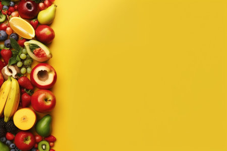 Fruits and vegetables on a yellow background. Top view with copy spaceの素材