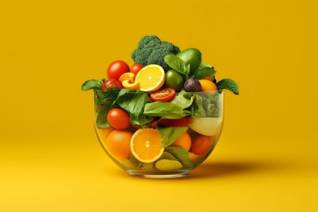 Glass bowl with fresh vegetables on yellow background. Healthy food concept.の素材