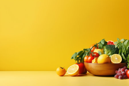 Composition with fresh fruits and vegetables on yellow background, space for textの素材
