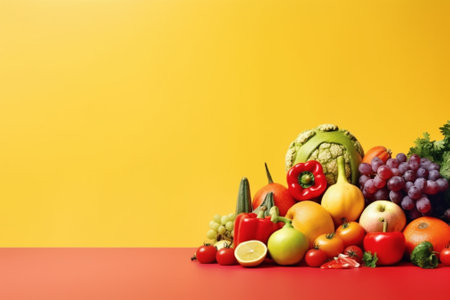 Fresh fruits and vegetables on table against yellow background, space for textの素材