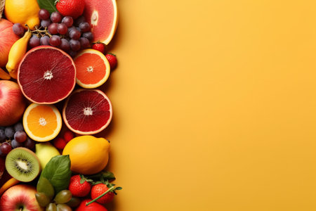 Fresh fruits and berries on yellow background, top view. Space for textの素材