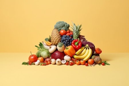 Fruits and vegetables in a pile on a yellow background. Healthy food concept.の素材
