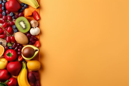 Different fresh fruits and berries on color background, top view. Space for textの素材