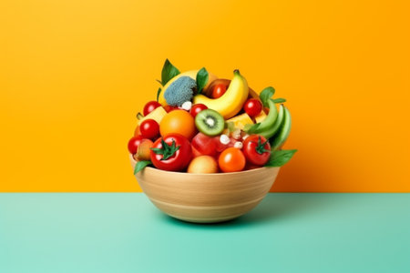 bowl of fresh fruits and vegetables on table on yellow and blue backgroundの素材