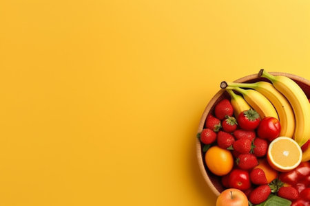 Fresh fruits and vegetables in bowl on yellow background. Top view with copy spaceの素材