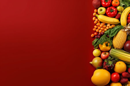 Fruits and vegetables on red background. Healthy food concept. Top view.の素材