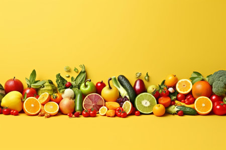 Fresh fruits and vegetables on yellow background, space for text. Healthy foodの素材