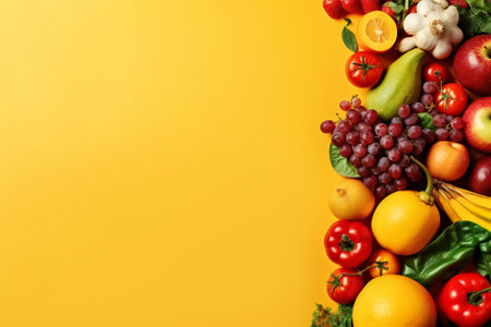 Fruits and vegetables on yellow background. Healthy food concept. Top view.の素材