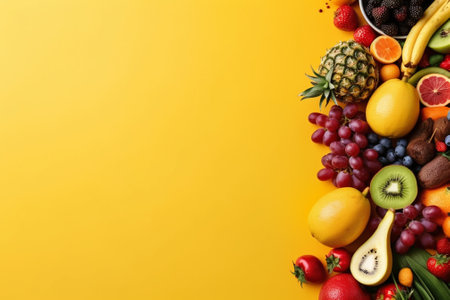 Fruits and vegetables on yellow background, top view. Space for textの素材