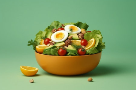 Healthy salad with avocado, cherry tomatoes, walnuts and eggs in bowl on green backgroundの素材