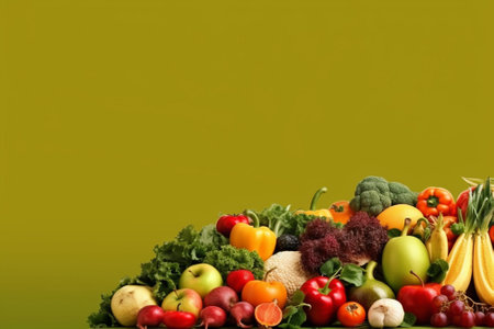Fresh fruits and vegetables on color background. Healthy food concept. Space for textの素材