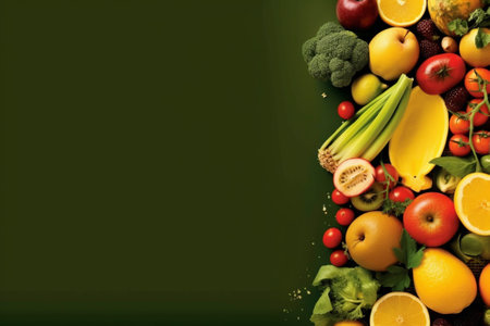 Fruits and vegetables on a green background. Healthy food concept.の素材