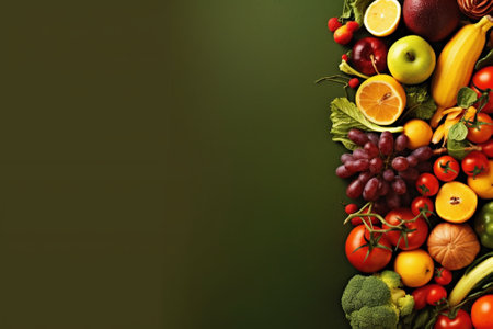Fresh fruits and vegetables on green background, top view. Space for textの素材