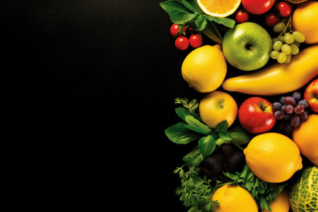 Fresh fruits and vegetables on black background. Top view with copy spaceの素材