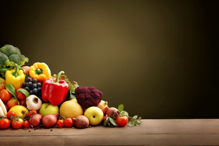 Fresh fruits and vegetables on wooden table against dark background. Healthy foodの素材