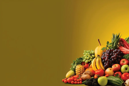Fruits and vegetables on a yellow background with space for text.の素材