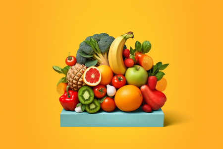 Fruits and vegetables in a blue box on a yellow background.の素材