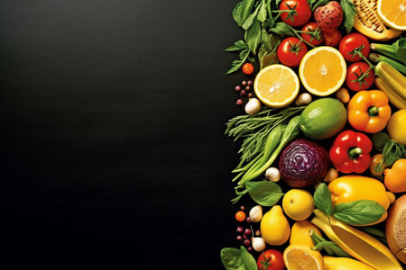 Fruits and vegetables on a black background. Healthy food concept.の素材