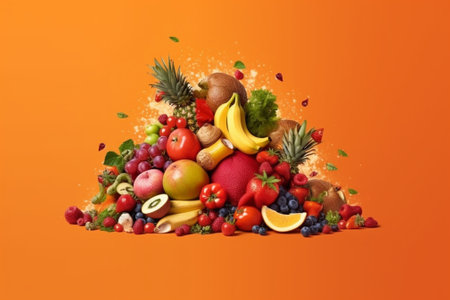 Fruits and vegetables on orange background. Concept of healthy eating.の素材