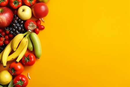 Fruits and vegetables on yellow background, top view. Space for textの素材