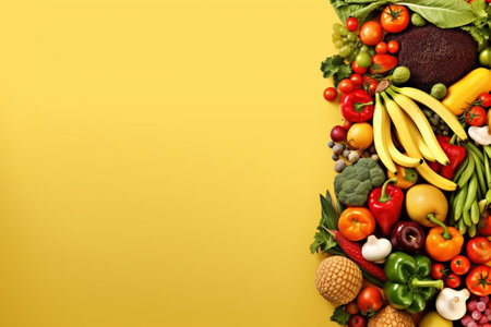 Fresh fruits and vegetables on yellow background, top view. Space for textの素材