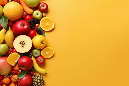 Fresh fruits and vegetables on yellow background, top view. Space for textの素材