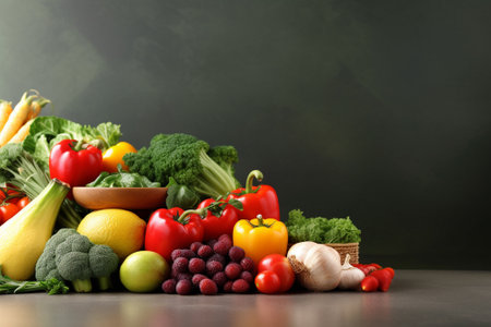 Composition with fresh vegetables and fruits on grey table. Space for textの素材
