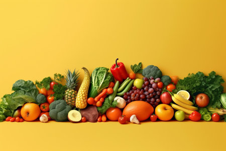 Composition with fresh fruits and vegetables on color background, space for textの素材