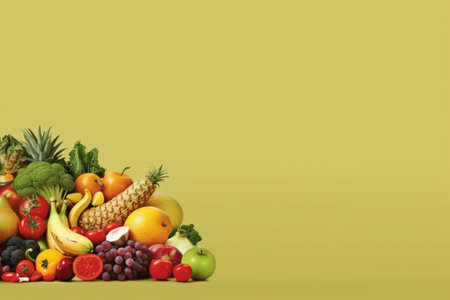 Fruits and vegetables on a green background. Healthy food concept.の素材