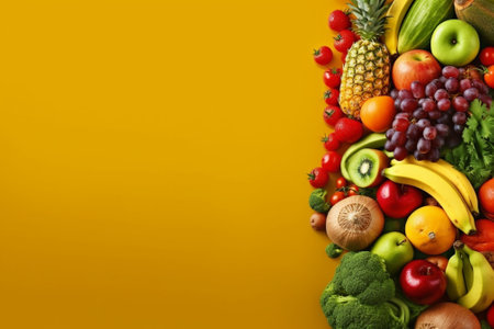 Fruits and vegetables on yellow background, top view. Space for textの素材