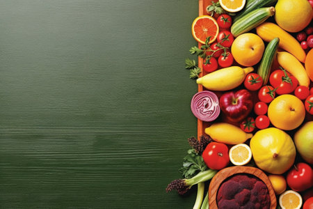 Fresh fruits and vegetables on wooden table. Top view with copy spaceの素材
