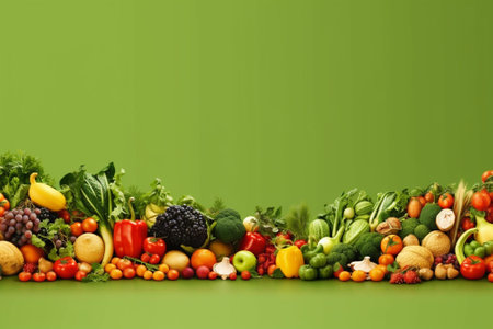 Fruits and vegetables on a green background with space for text.の素材