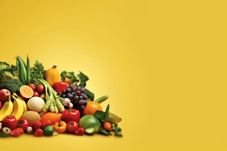 Fresh fruits and vegetables on a yellow background. Healthy food concept.の素材