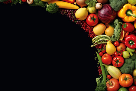 Healthy food background. Fruits and vegetables on black background.の素材