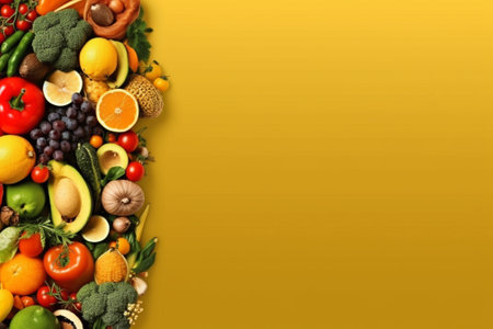 Fruits and vegetables on yellow background. Top view with copy spaceの素材