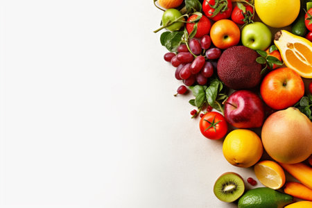 Fresh fruits and vegetables on white background. Healthy food concept. Top view with copy spaceの素材