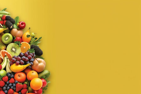 Fruits and vegetables on a yellow background. Healthy food concept.の素材