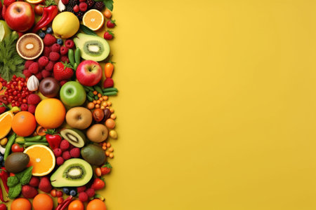 Fruits and vegetables on yellow background, top view. Space for textの素材