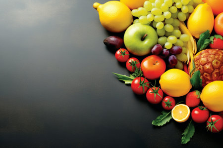 Fresh fruits and vegetables on black background. Top view with copy spaceの素材
