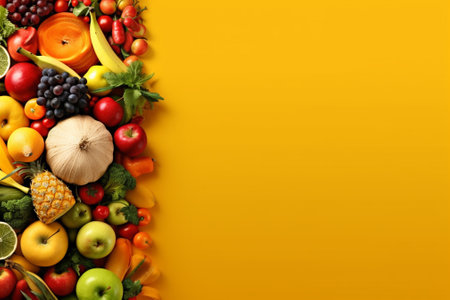 Frame made of fresh fruits and vegetables on yellow background, top viewの素材
