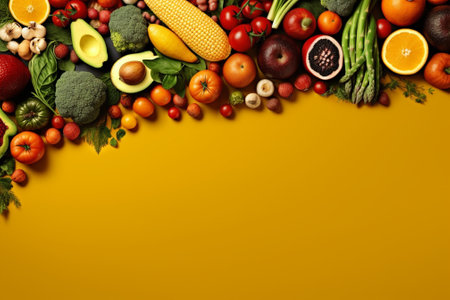 Fresh vegetables and fruits on yellow background, top view. Space for textの素材