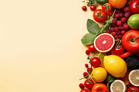 Fresh fruits and vegetables on color background, top view. Healthy foodの素材
