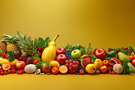 Fruits and vegetables on the yellow background. Healthy food concept.の素材