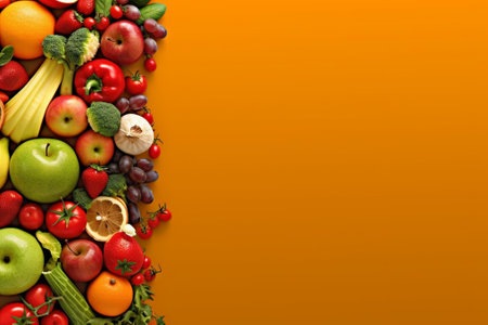 Fruits and vegetables on orange background. Top view. Copy spaceの素材