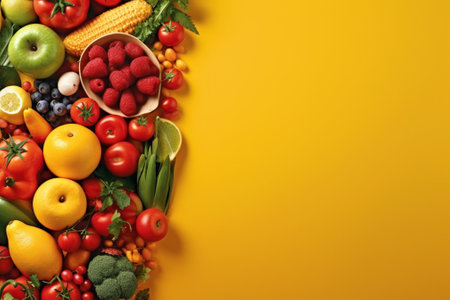 Fresh fruits and vegetables on yellow background, top view. Space for textの素材