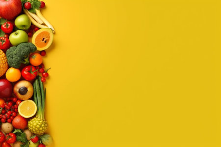 Fruits and vegetables on yellow background. Top view with copy spaceの素材